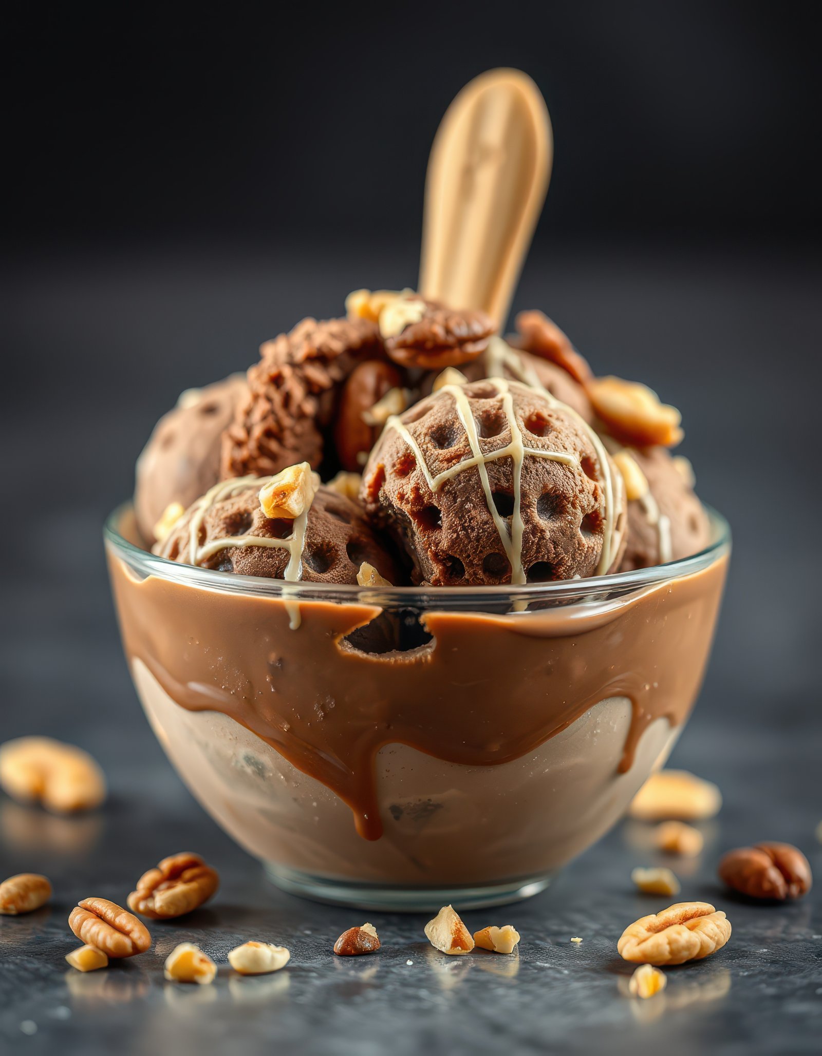 Delicious chocolate ice cream topped with nuts and cookies in a glass bowl